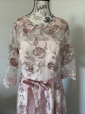 BHLDN Blush Pink Floral Embroidered Tea-Length Dress